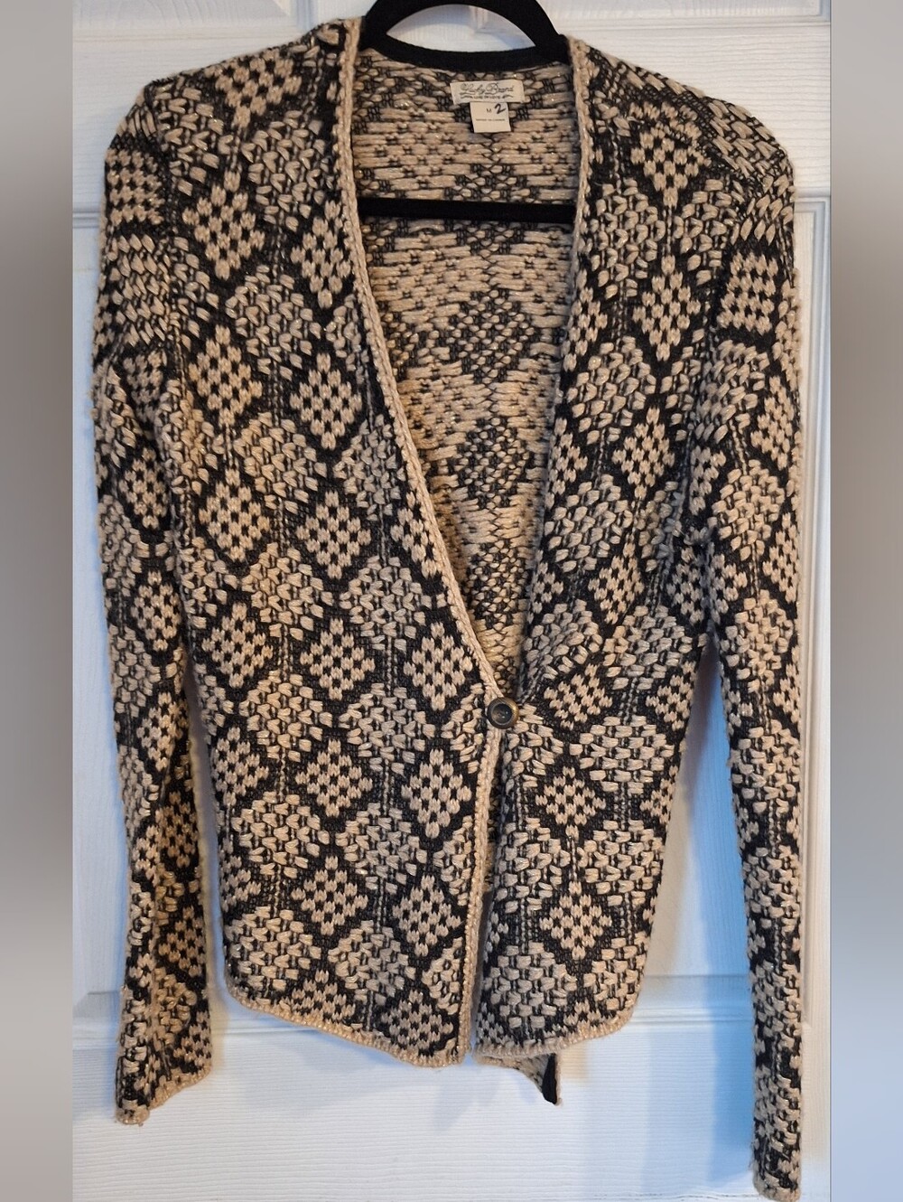Lucky Brand Wool Blend Metallic Knit Cardigan Jacket Black Tan Size M